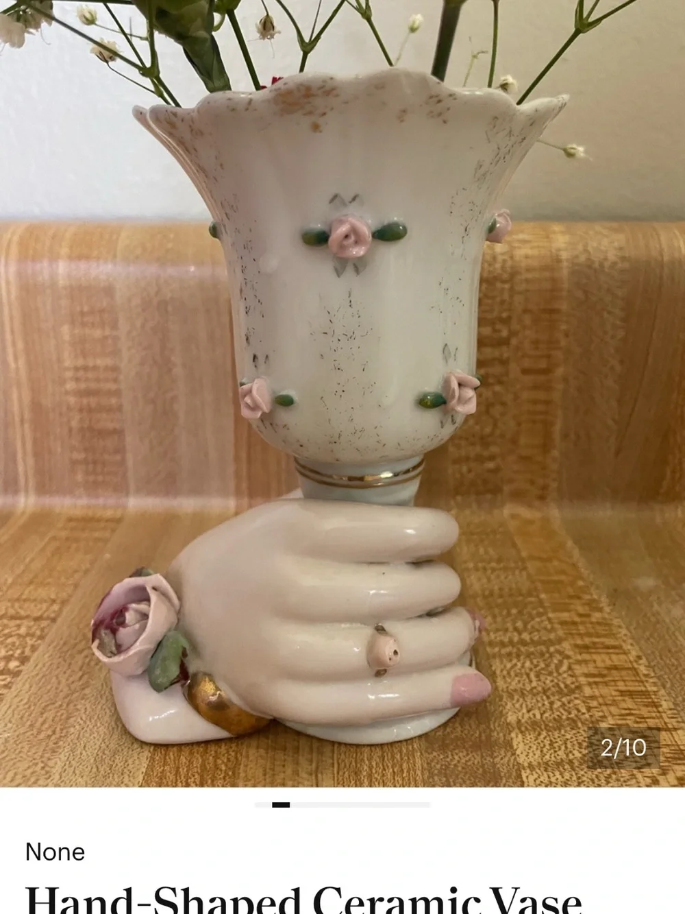 Vintage White Ceramic Hand-Shaped Vase with Pink Rose Accents - Picture 6 of 8